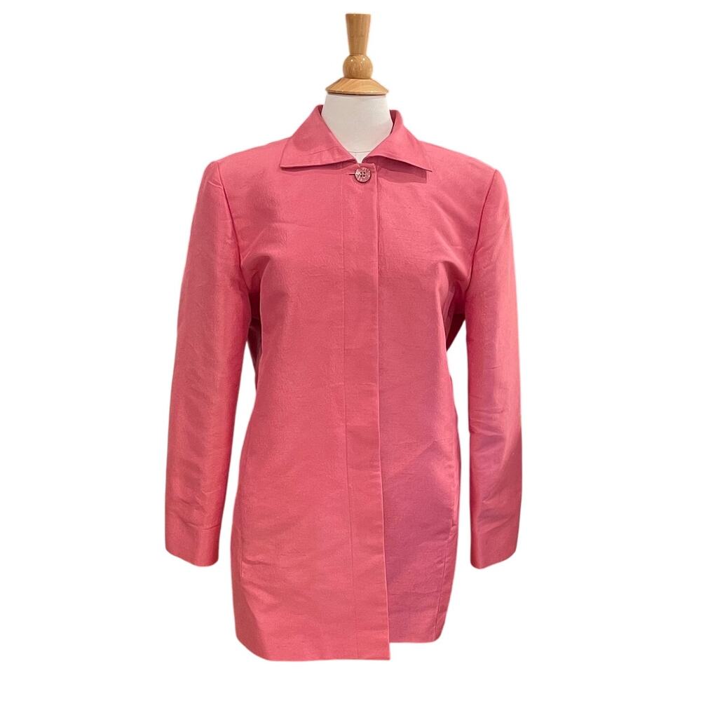 Pink Silk Coat, Mid-Length, Collared, Button Closure, Pockets, Retro, Size L